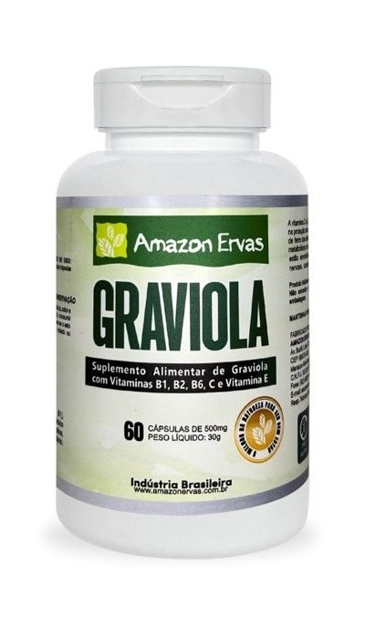 Graviola Com Vitaminas B1, B2, B6, C, E 60 cápsulas 500 mg