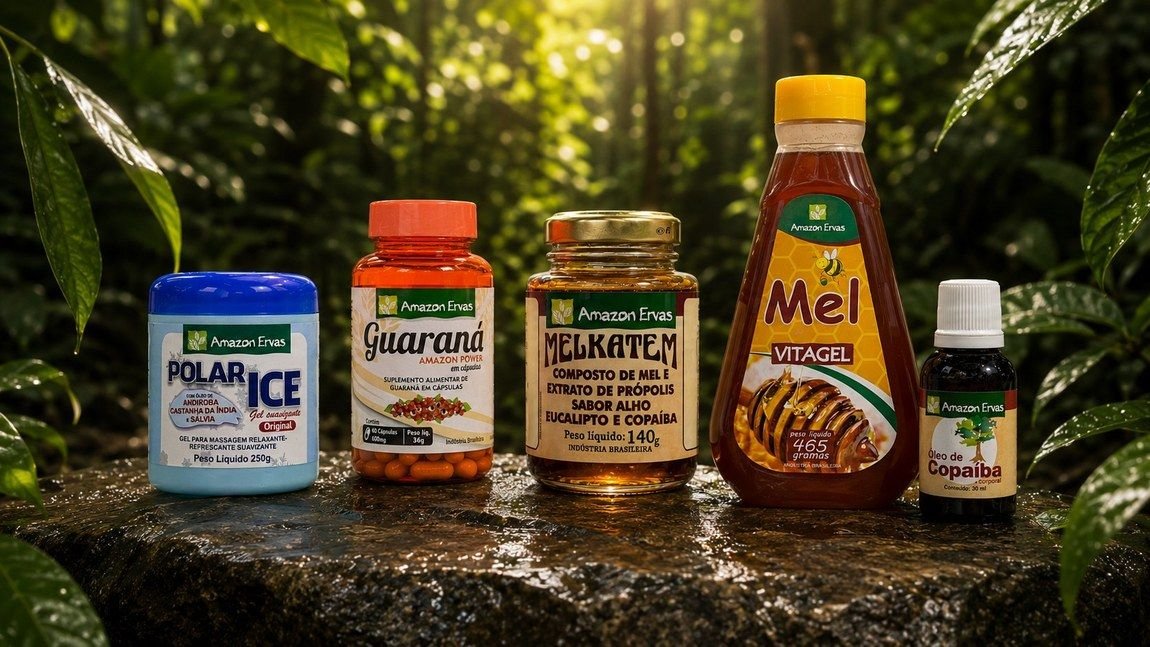 Cinco produtos Amazon Ervas sobre pedra molhada, com a mata ao fundo